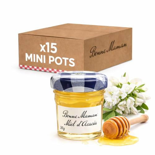 Bonne Maman Miel d'Acacia Mini Pots 30g x15 – Coffret de Miel Naturel Français – Portions Individuelles pour Petit Déjeuner, Hôtels, Brunch et Cadeaux Gourmands