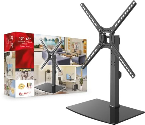 Barkan Tischplatte TV Standfuss TV Wandhalterung 13-65 Zoll Schwenkbar & Neigbare TV Ständer, hält bis 36Kgs, Patentiert, Gehärtetes Glas, für LED OLED LCD, Max. VESA 400x400