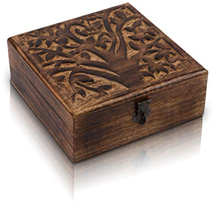 Great Birthday Gifts Handmade Decorative Wooden Jewelry Box With Tree Of Life Carving & Lock & Key Jewelry Organizer Keepsake Box Treasure Chest Trinket Holder Watch Box Storage Lock Box 6 x 6 Inches