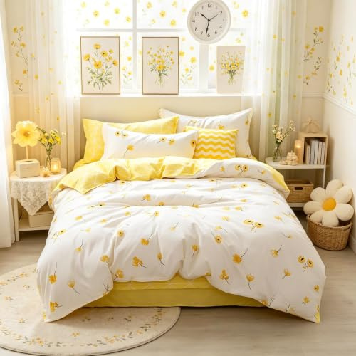 Loussiesd, Set di biancheria da letto con copripiumino e federa, motivo floreale stampato, con fiori di bocciolo, per bambini, ragazze e donne, motivo con piante da giardino, copripiumino con rami