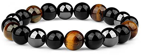 Crystal Vibe Triple Protection Bracelet - 10mm Bead Bracelet for women men With Natural Stones of Tiger Eye Hematite and Black Obsidian - Healing Crystal Bracelet for Good Luck Prosperity Happiness