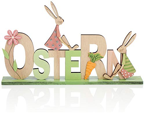 com-four® Deko Aufsteller für Ostern, Schriftzug mit Osterhasen | Osterdeko zum Hinstellen - Osterdekoration aus Holz