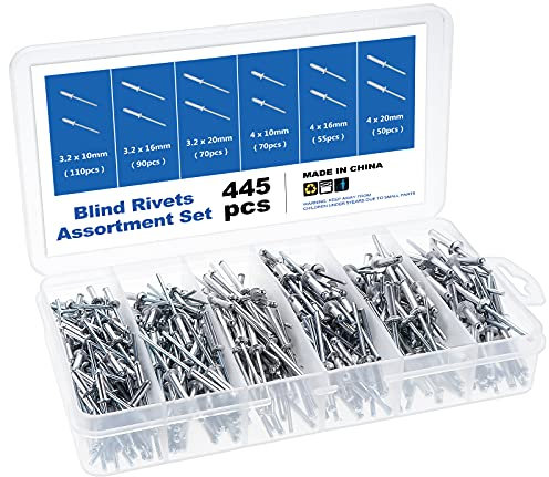 Gueenky 445 Pezzi Rivetti Alluminio, 3,2/4 mm Rivetti pop Rivetti Ciechi, 6 Dimensioni Set di Rivetti a Strappo per Metallo Legno Plastica, con Scatola di Immagazzinaggio