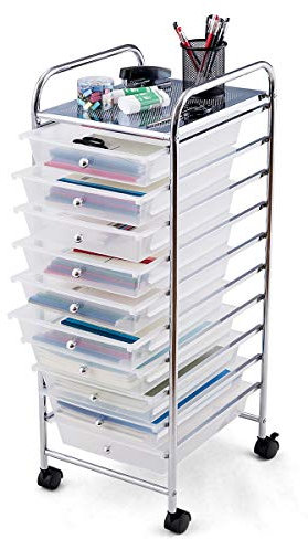 TANGZON 4/10 Drawers Storage Trolley, Rolling Utility Cart with Wheels, Multipurpose Mobile Shelving Organizer for Home Office Stationery Beauty & Salon (10 Drawers, 33x38x86cm, Clear)