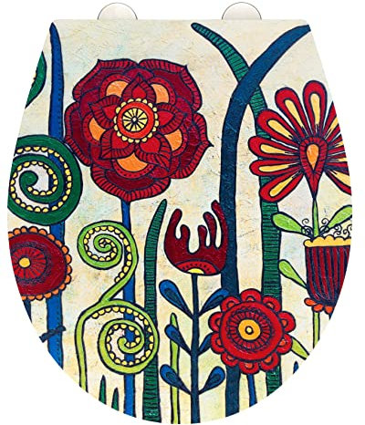 WENKO WC-Sitz Red Blossom, bunter Rollin'Art Toilettensitz, Relief Oberfläche, hygienische Schnellbefestigung aus Edelstahl & Easy-Close Absenkautomatik, aus antibakteriellem Duroplast, 38 x 44,5 cm