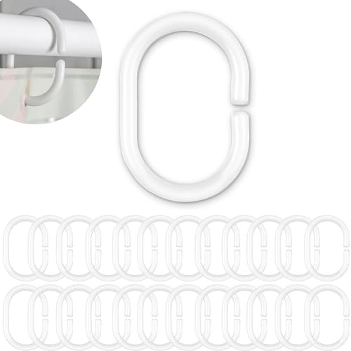 Anillos de Cortina de Ducha, 24 Piezas, en Blanco, Diámetro Interior 46 x 29 mm, para Barras de Cortina de Ducha, Anillos de Ducha de Plástico Resistentes, Ganchos de Cortina de Ducha, C-Ring Gancho