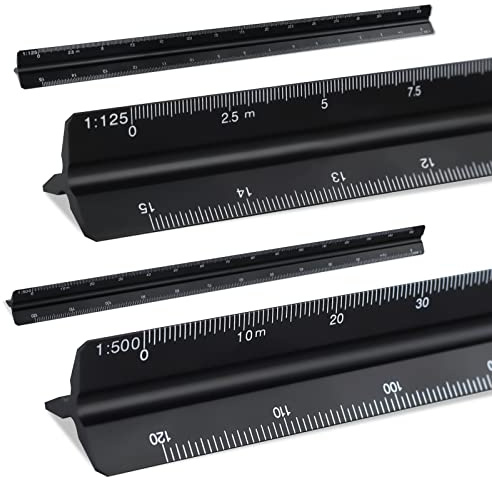 Confezione da 2 righelli triangolari in scala 30 cm, righello in metallo per architetti 1:20, 1:25, 1:50, 1:75, 1:100, 1:125, 1:200, 1:250, 1:300, 1:400, 1:500 (nero)