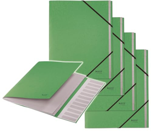 Leitz Recycle Ordnungsmappe A4, 4er Pack, Projektmappe mit 12 Fächern mit Index, 100% recycelt & recycelbar Recycle Serie, Grün, 39150055