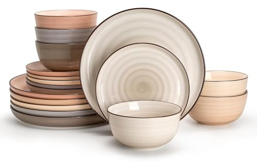 Sweese Plates and Bowls Sets, 18 Piece Dinnerware Set Porcelain Round Dinner Set for 6, Scratch Resistant Dishes Set, Dishwasher and Oven Microwave Safe Handpainted Swirl Dishware Sets, Neutral