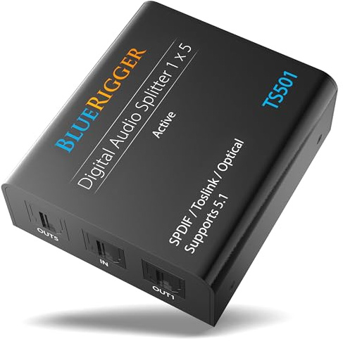 BlueRigger Digital Optical Audio Splitter 1x5 (Active Toslink Splitter 1 in 5 Out, SPDIF, Fiber Optic Audio Adapter) - for Home Theatre, Xbox, PS5/ PS4, DVD, CD Player, Receiver, HDTV | Powered Digital Optical Splitter 1 In 2 Out (LPCM2.0, Dolby Digital, DTS 5.1) for Home Theatre, DVD, TV, Receiver, Sound Bar