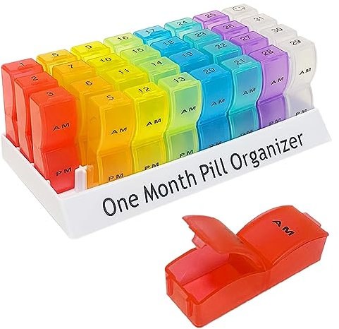 Liujiami Grandes Mensuel Boîte à Pilules Organisateur 31 jours Étui à Pilules 2 fois par jour Am Pm Pilulier Boîte à Comprimés avec 32 compartiments pour Huile de Poisson, Vitamines, Suppléments