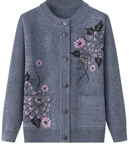 Dames Senior Classique Strass Impression Cardigan D'âge Moyen Et Personnes Âgées Cardigan Tricoté Vieille Dame Haut Occasionnel Grand Mère Porter Manteau Printemps Automne Mère Porter Pull Chaud,Gri