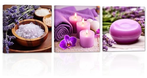 ZXHYWYM Spa Badezimmer Wanddekoration 3 Teilig lila Lavendel Seife Kerzen Handtuch Leinwanddrucke Zen entspannende Kunstwerke für Yoga Meditationsraum (Bild-1, (25.00 x 25.00 cms x 3 Teilig))