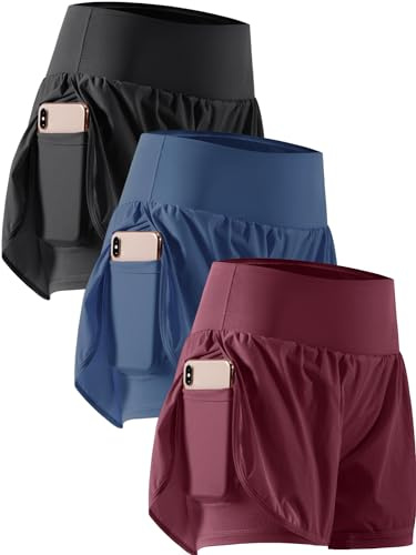 CADMUS 2 in 1 Women's Workout Shorts Athletic Gym Running Shorts for Women Phone Pockets,Black & Navy & Wine Red, Large