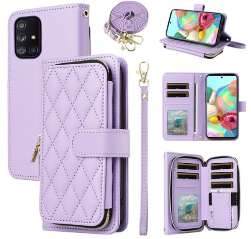 ELISORLI Wallet Case for Samsung Galaxy A71 4G with Wrist Strap, Crossbody Shoulder Strap, 9+ Card Slots Zipper Purse, Luxury PU Leather Stand Cell Phone Cover for A 71 71A S71 A715F Girls Purple