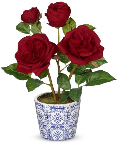 Briful Künstliche Rosen im Topf – Kunstblumen Wie Echt - Real Touch Seidenblumen in Blau-Weiß Keramik Blumentopf – 34cm Hoch – Rot Deko Pflanze Künstlich für Wohnzimmer, Büro, Fensterbank