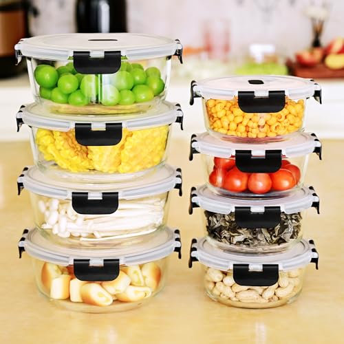 ERUIV 8er Frischhaltedose aus Glas/Glasbehälter mit Deckel/Vorratsdosen/Aufbewahrungsbehälter/Lebensmittelbehälter für Küche(8 Vorratsdosen mit 8 Deckel)