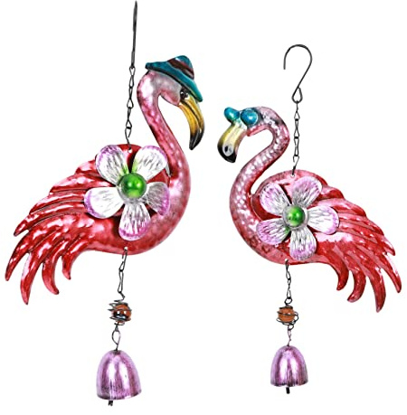 FUNOMOCYA 2 Stück Metall Windspiel Flamingo Hängeornament für Garten und Terrasse Filigranes Design mit Sanften Klängen Dekoratives Außendeko Windspiel