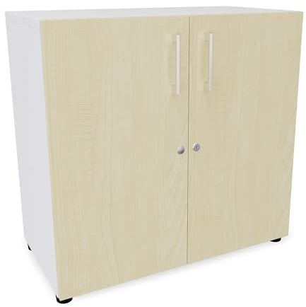 Eigentlich Aktenschrank Holz B80xT40cm, Stabiler Büroschrank in versch. Größen und Farben, Mehrzweckschrank abschließbar, Büromöbel (Korpus Weiß, Front Ahorn, 2OH - 80x40x78cm)