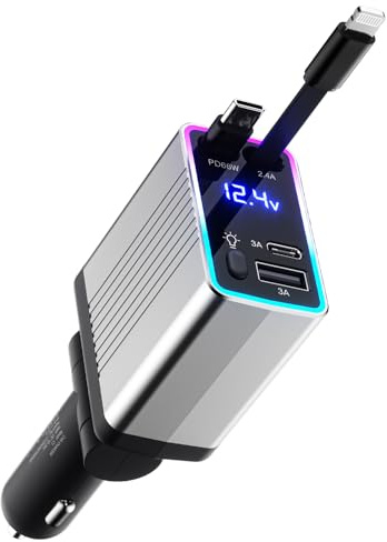 massway 4 in 1 Zigarettenanzünder USB C Auto Ladegerät, 120W Kfz-Schnellladegerät Integriertes Einziehbares Kabel KFZ-Ladegerät Auto zubehör für iPhone 17/16 Pro Max Air/Samsung (Silber)