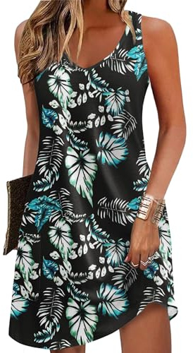 Zeagoo Women's Casual Tunic Dress Summer A Line Dress with Pockets Sleeveless T-Shirt Dress Vacation Dress Loose Shift Dresses Black-Leaf Printed L