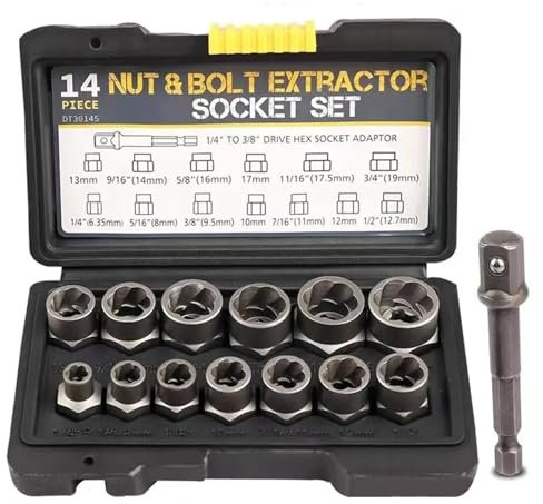 14pcs Impact Bolt & Stripped Lug Nut Remover Set, Extraction Socket Set for Removing Damaged, Frozen Studs Rusted Rounded-Off Bolts & Nuts Screws with Solid Storage Case