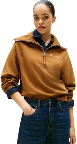 Tommy Hilfiger Damen Sweatshirt mit Reißverschluss Classic Script Fleece Half-Zip, Braun (Highland Khaki), L