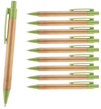WPRO Benny Juego de 10 bolígrafos verdes, bambú y 50% paja de trigo, escritura azul, juego de escritura sostenible para oficina, escuela y estudio con mango ergonómico