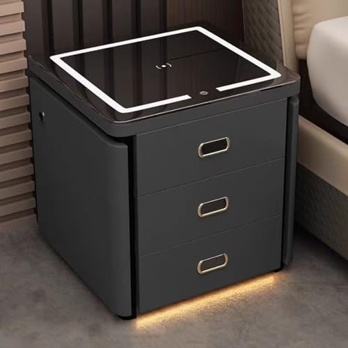 Bedside Table with Wireless Charging Station and 3 Color LED Lights, Smart Bedside Table with USB Port, 3 Drawer Bedside Table for Bedroom (Dark Grey, Size : 40