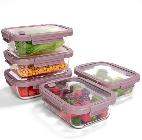 BOROHOUSE 35.2oz Glass Meal Prep Containers with Snap Lock Lids (5-Pack) - Freezer to Oven Safe –20°C to 510°C, BPA-Free, Stackable, Vent Valve for Easy Open, Borosilicate Glass Baking Dish（Pink）