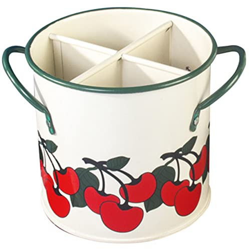Gatuida Soporte Organizador para Cubiertos y Utensilios de Cocina de Hierro 4 Compartimentos, Diseño Vintage Estampado de Cerezas, Adecuado para Almacenamiento en Escritorio y Cocina