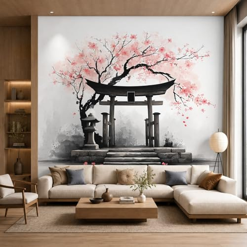 Générique Papier Peint Panoramique Torii Japonais, Papier Peint Fleurs de Cerisier Asiatique 366 x 254 cm, Photo Décoration Murale, Papiers Peints Intissé Décoration Murale Salon Chambre D37