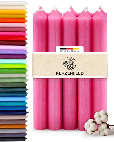 Premium Stabkerzen Pink durchgefärbt, 10 Stück, 180mm x 22mm Tafelkerzen | Made in Germany, Lange Brenndauer 8+ Stunden - Bunte Spitzkerzen Ohne Tropfen & Rußen - RAL-Zertifizierte Haushaltskerzen