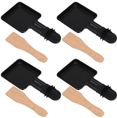 NUOBESTY 4 Sets Portable Mini Raclette Grill Pans Cheese Baking Trays with Spatulas High-Temperature Resistant Cooking Cheese Pans for Barbecue Family Gatherings and Outdoor Picnics
