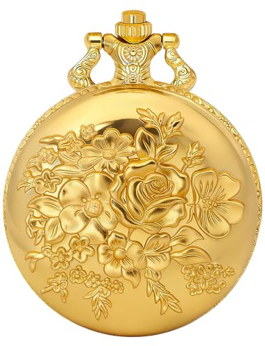 Tiong Pocket Watch Flower 3D Pattern Vintage Quartz Pocket Watches with Chain Christmas, Graduation, Birthday Gifts Mother's Day(Gold)