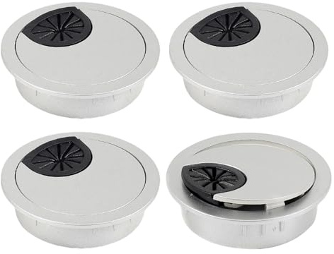 4 Pack Desk Cable Grommets, 60mm(2.4 Inch) Brushed Silver Round Cable Hole Covers, Silicone Core Wire Organizer for Home Office Computer Desk Management