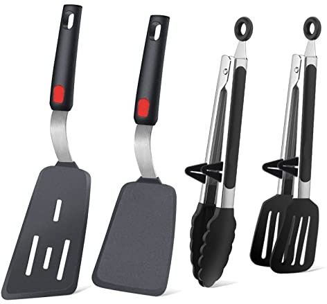 Silicone Spatula Turner Set with Kitchen Barbecue Tongs - Heat Resistant Non-Stick Cooking Utensils for Fish Slice Baking, Flipping, Pasta, Pancake & BBQ, 600°F Safe, Black Kitchenware Gift (4 Piece)