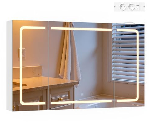 EUGAD Armario Baño con Espejo y Luz, Armario de Pared con Estantes Ajustables, Luz Táctil de 3 Colores, Ganchos de Joyería, Mueble Baño para Piso Apartamento, Blanco (14,5 x 60 x 100 cm)