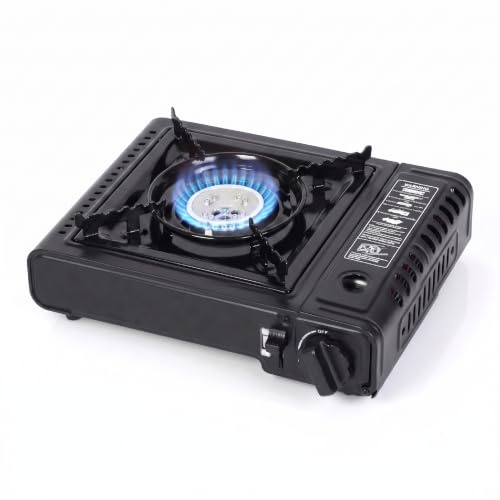 Fornello a Gas Portatile da Campeggio 2,1 kW con Accensione Piezo Integrata | Piano Cottura 1 Fuoco per Cartuccia Butano | Sistema di Sicurezza, Paravento e Leccarda Rimovibile | Campeggio, Picnic