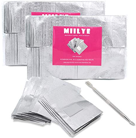 MIILYE Nail Foil Wraps Remover for Acrylic/UV/Gel Polish Soak-off Removal, with Pre-attached Lint Free Pad, Pack of 200 Wraps + 1x Stainless Steel Nail Manicure Remover Scraper Cuticle Pusher