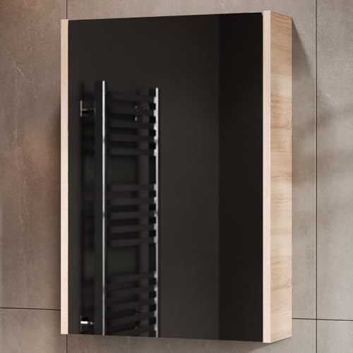 Planetmöbel Spiegelschrank Bad 50 cm, Badezimmerschrank | Aufbewahrungsschrank mit Tür und 2 Glasregalböden, 47,6 x 67,6 x 13,8 cm, Sonoma Eiche
