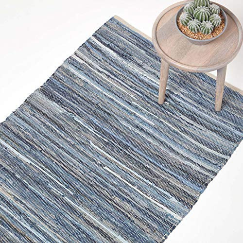 HOMESCAPES 100% Recycled Blue Denim Chindi Rug Handmade Eco Friendly Real Denim Striped Rug, 120 x 180 cm