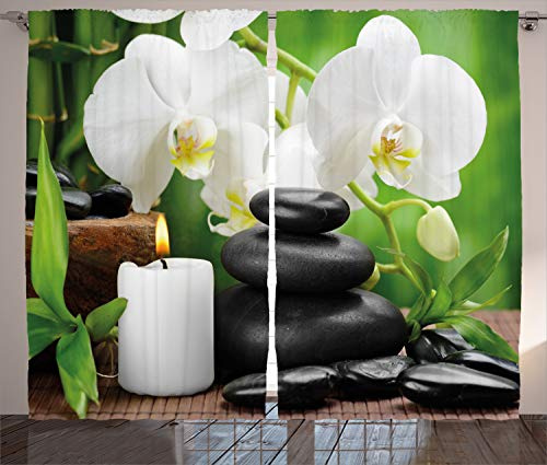 ABAKUHAUS Spa Rustikaler Gardine, Orchideen Zen Steine Natur, Schlafzimmer Kräuselband Vorhang mit Schlaufen und Haken, 280 x 225 cm, Weiß Anthrazit grau Grün