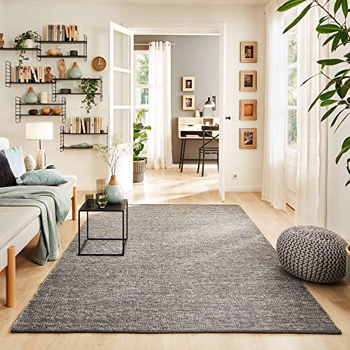 Steffensmeier Handwebteppich Walchsee | Schurwolle mit Fusselstopp, Anthrazit, handgewebt, Größe: 250x340 cm Wohnzimmer und Schlafzimmer