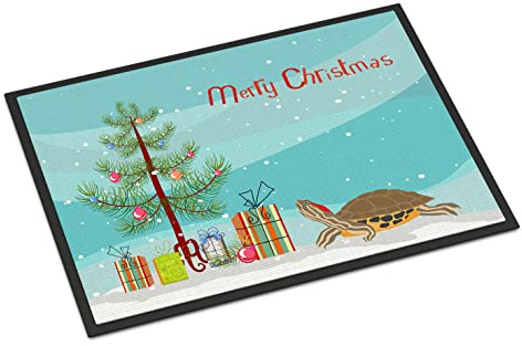 Caroline's Treasures CK4543JMAT Pond Slider Turtle Merry Christmas Doormat 24x36 Front Door Mat Indoor Outdoor Rugs for Entryway, Non Slip Washable Low Pile, 24H X 36W