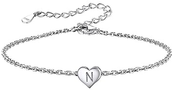 Silvora Pulsera con Letra N Mujer Brazalete Corazon Plata de Primera Ley 925 Joyería Inicial Nombre Personalizado Cadena Ajustable 16cm para Mano