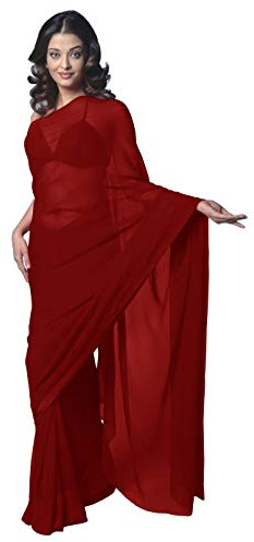 Damen Bollywood Chiffon-Sari in Unifarbe Festival-Uniform-Sari Wickelstoff Ungenähtes Blusenteil Partykleidung, Dunkelrot, One Size