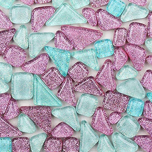 Bunte Glasmosaikfliesen 200g, Irregulär Glitzerkristall Mosaiksteine Glasstücke, Glasfliesen Glassteine für Basteln, Haus Deko(Hell)