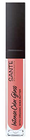 Sante Naturkosmetik - Brillo de labios natural con acabado brillante, con manteca de karité para unos labios cuidados, brillo de color intenso, n.º 04 brillante coral, 1 x 5,3 ml