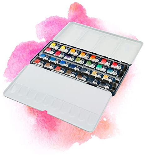 7 Artists Aquarellfarben Set – 28 x Näpfchen Rosa Gallery Classic Aquarell | Professionelle Aquarell Set in Metallkasten | Hochwertig Künstler Aquarellkasten | Aquarellfarbe Wasserfarben